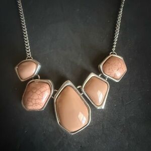 Neutral Beige Stone Statement Necklace with Silver-Tone Settings